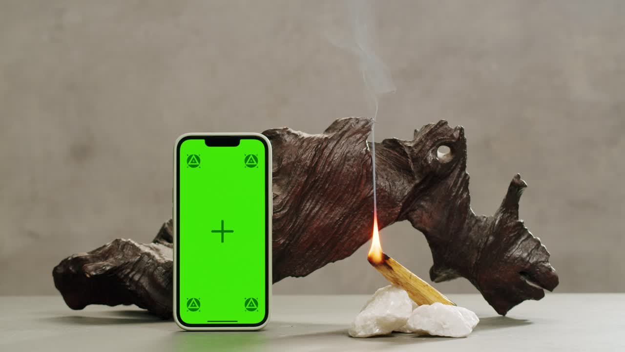 Person holding Palo Santo wood stick in hand, aromatic Palo Santo burning on black background, smoke spreading around, slow motion video clip, high quality 4k close up footage. High quality 4k footage