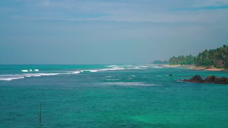 hermoso ciclo de video sin fisuras de la remota playa de arena costera tropical asiática en sri lanka con un bosque de palmeras y una vibrante vista panorámica del mar. cielo azul y agua turquesa en el pintoresco lugar de vacaciones turísticas.