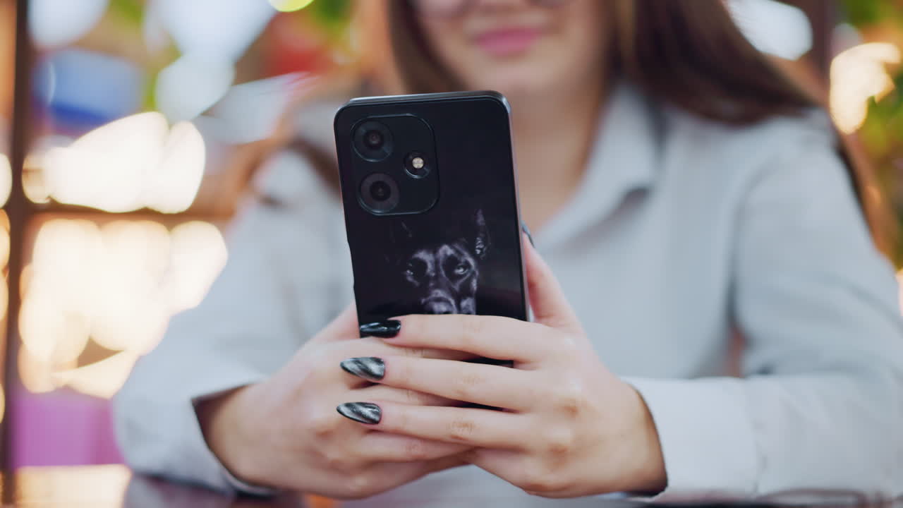 primer plano de un iphone con una pegatina de burro mientras el propietario lo opera, con un fondo borroso suave, un estuche de teléfono elegante y personal agrega un toque único al uso diario del teléfono inteligente