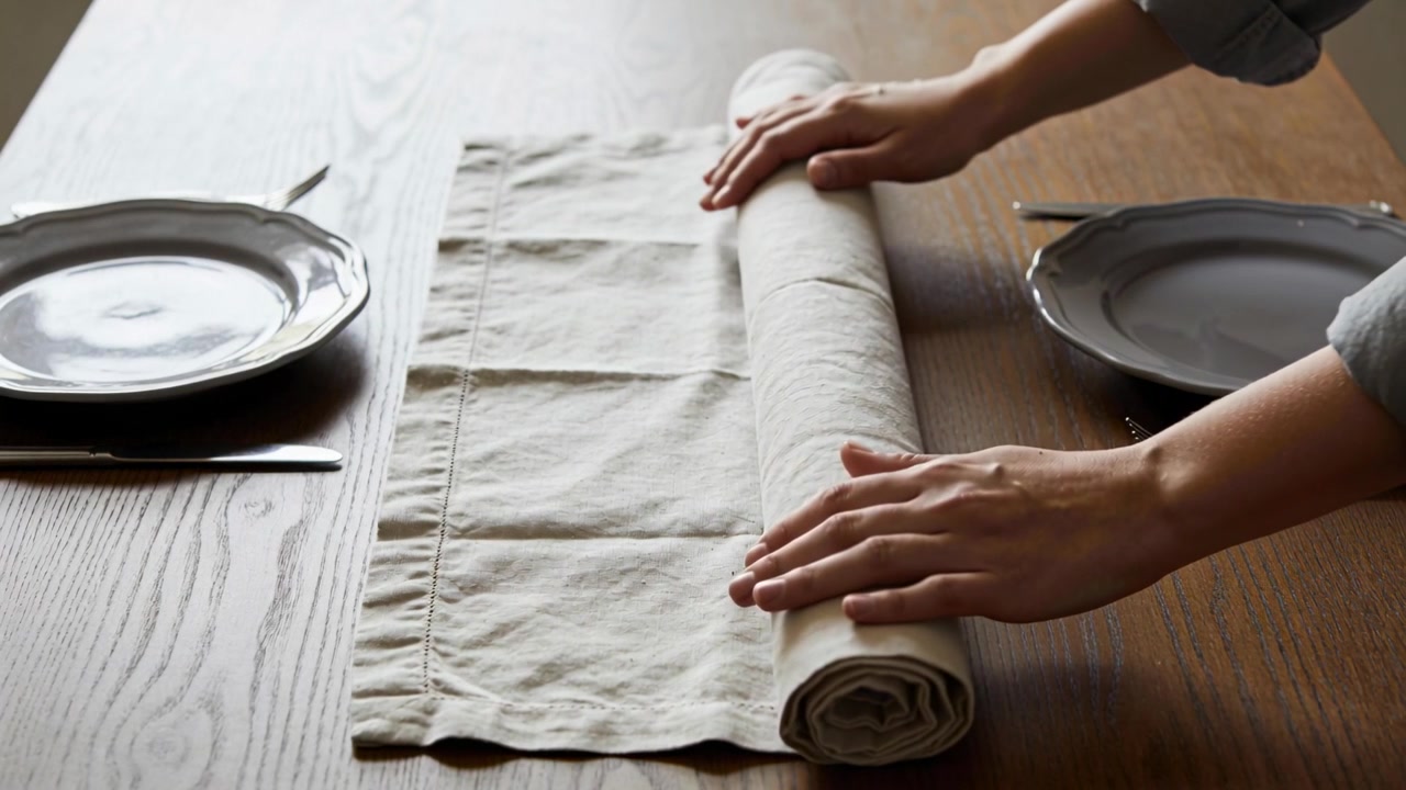Hands entering right aligning edge and rolling linen leftward at home dining table, preparing meal