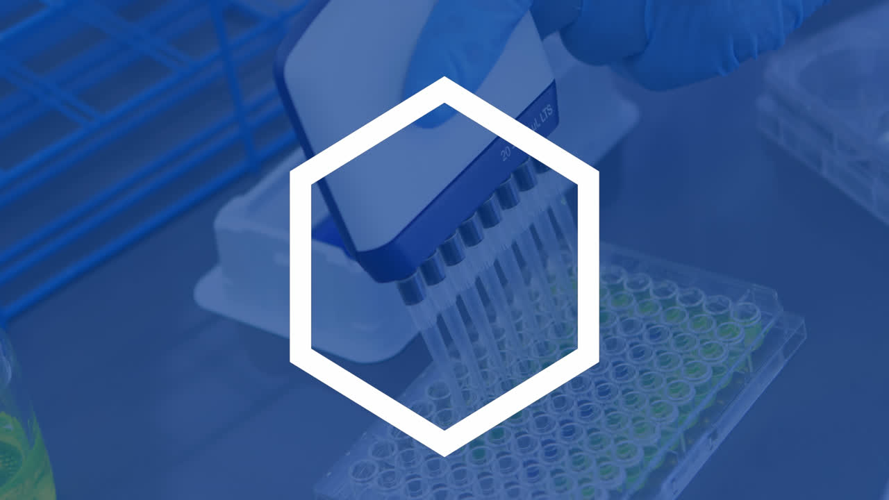 Animation of white shapes over close up of scientist working in lab
