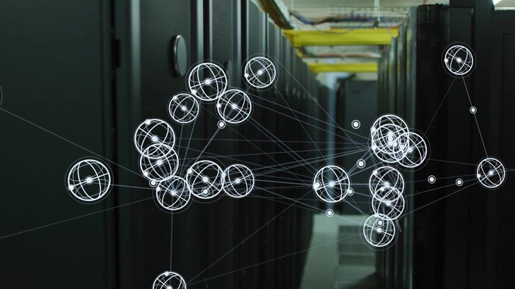On load wireframe network appearing over racks nodes clustering linking pulsing showing data flow