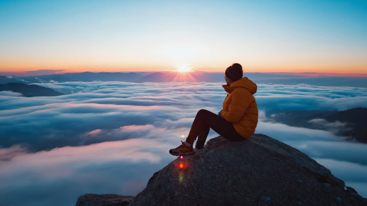 A person sitting on a mountain peak looking at a beautiful sunrise over a sea of clouds
