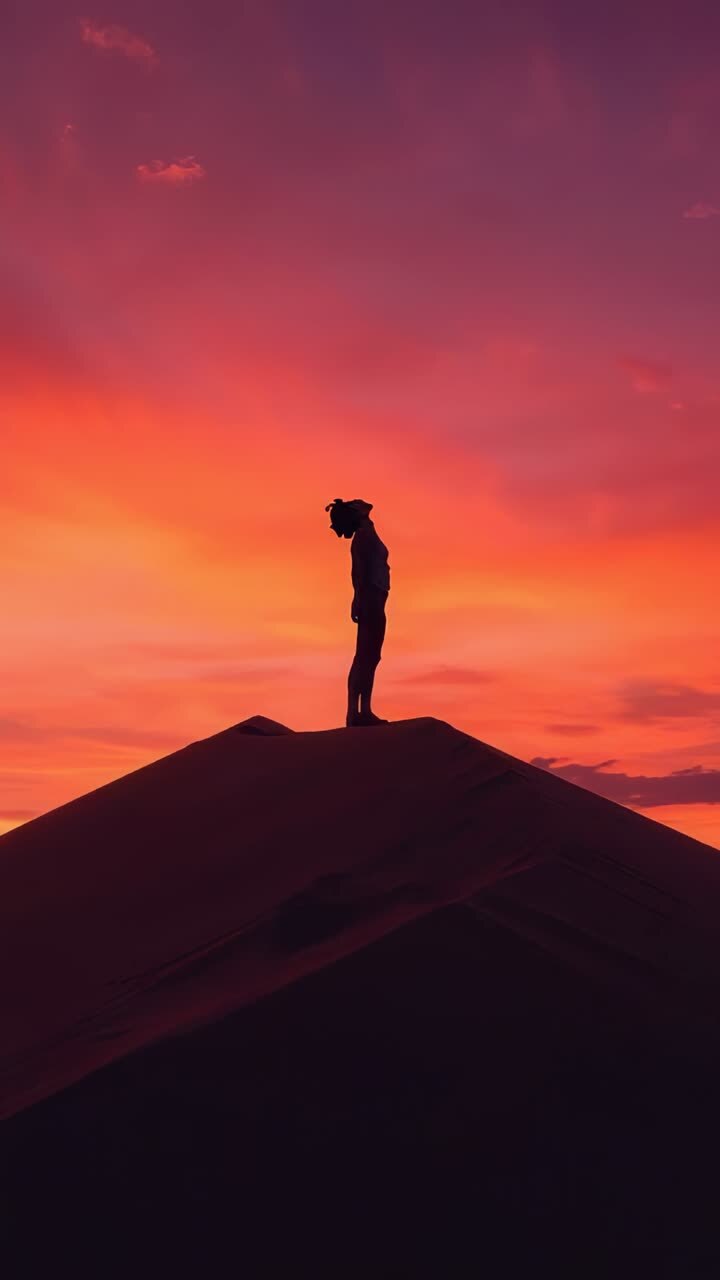 Video verticale: cielo che si oscura, persona che abbassa la testa su una cresta di dune indossando giacca e pantaloni