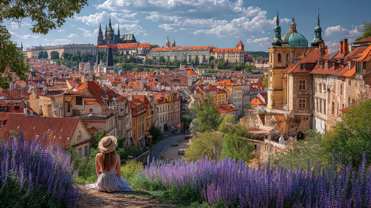 A Serene View of a Historic Cityscape Surrounded by Lush Greenery and Vibrant Flowers, with a Woman Enjoying the Scenic Landscape in the Background