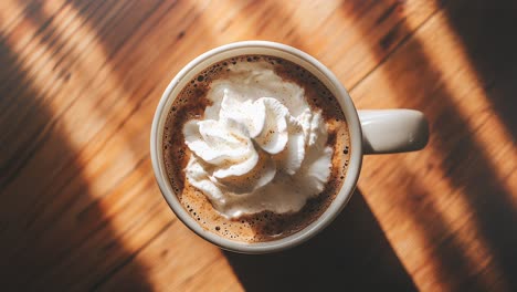 a close-up of a mug of hot chocolate topped with whipped cream