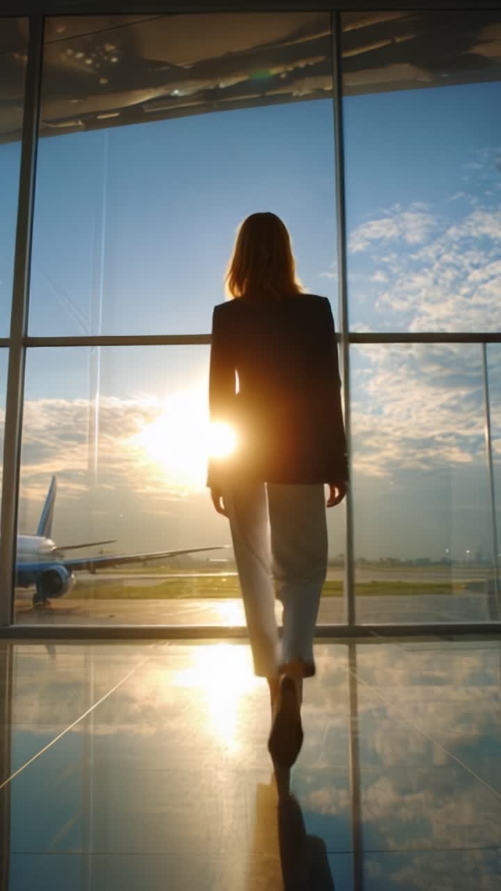 La silueta de una mujer caminando hacia la luz del sol a través de la ventana de una terminal de aeropuerto, capturando la esencia del viaje y la anticipación de nuevas aventuras.