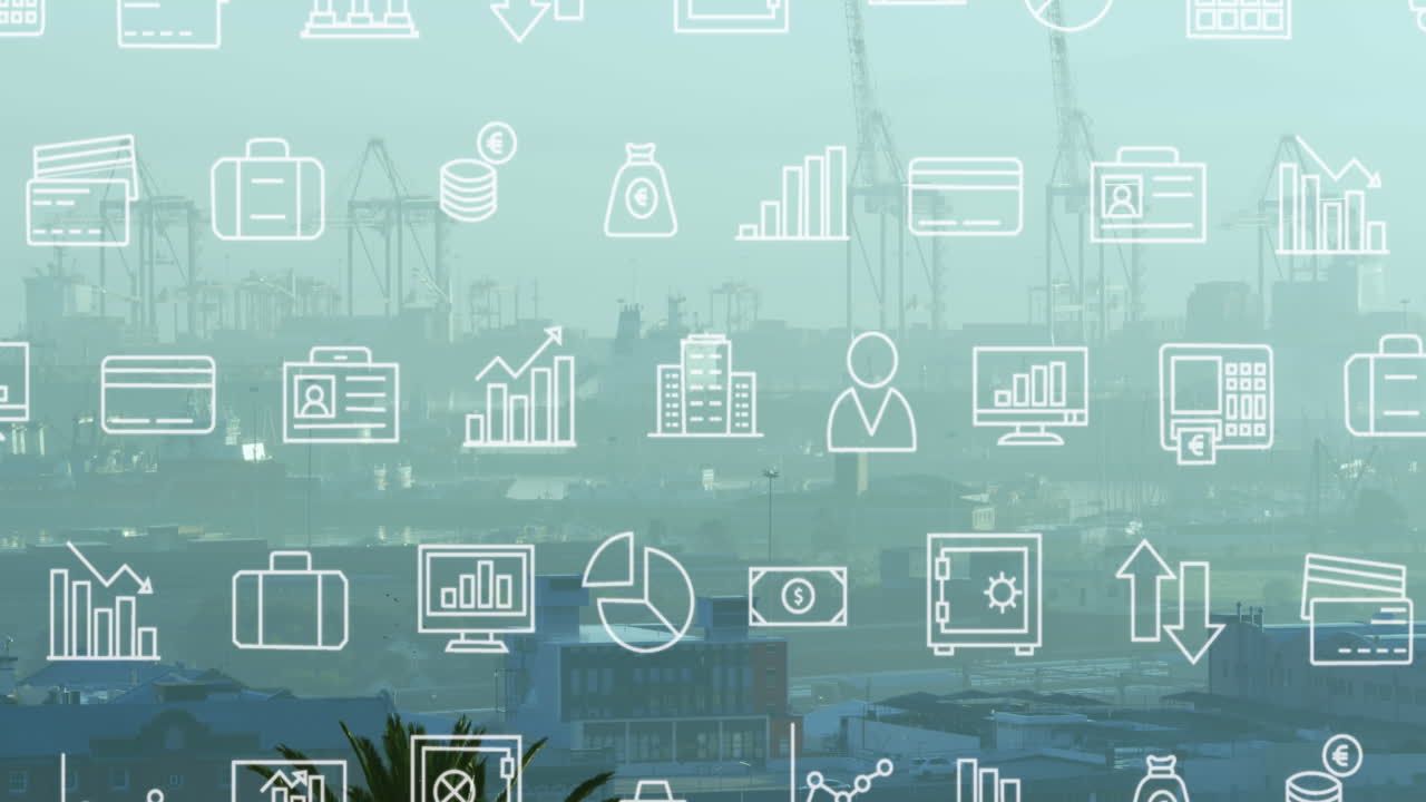 animación de iconos de negocios sobre el paisaje urbano