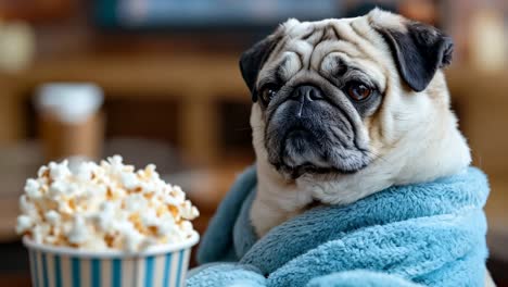 un perro pug envuelto en una manta sentado en un sofá con un tazón de palomitas de maíz