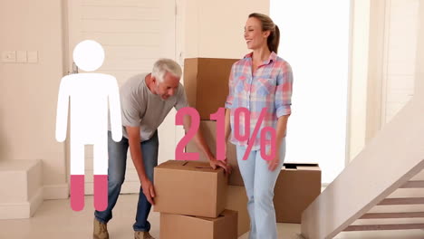 animación de hombre icono y porcentaje en rosa sobre pareja caucásica moviéndose con cajas de cartón