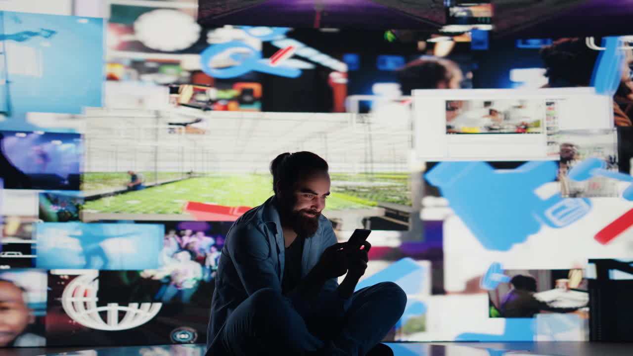 Stressed individual obsessively overuses his mobile phone social apps