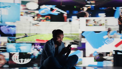 stressed individual obsessively overuses his mobile phone social apps