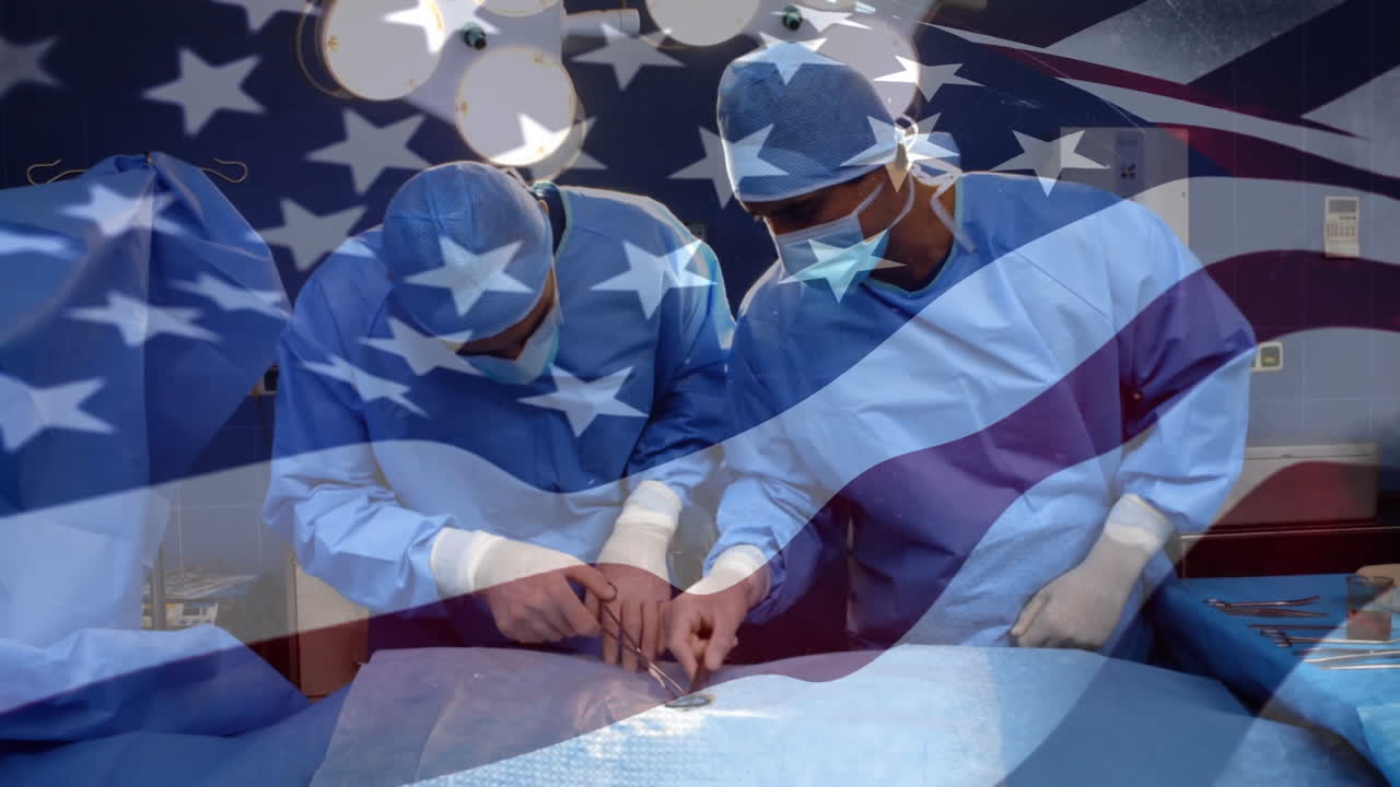 수술실 에서 외과 의사 들 위 에 흔들리는 미국 국기 의 애니메이션