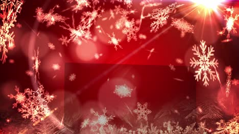 animación de nieve cayendo sobre manchas de luz sobre fondo rojo.
