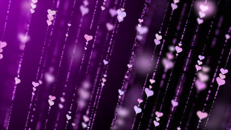 spinning white threads with sparkling hearts. abstract animated purple background with moving elements.