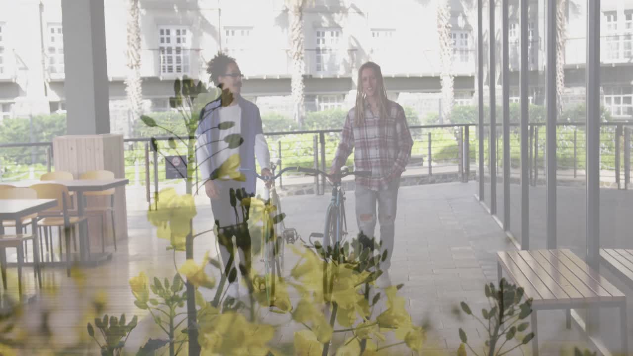 자전거를 타고 는 다양한 사람들 위에 꽃의 애니메이션