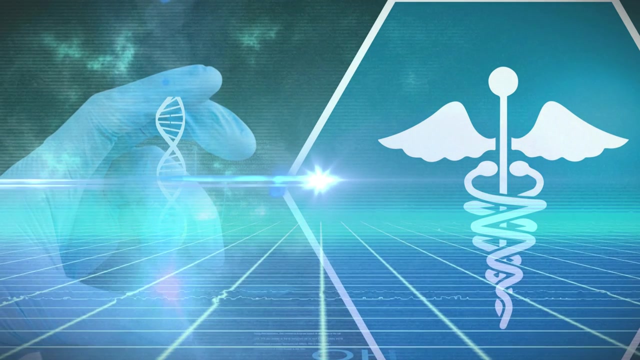 Animazione di un simbolo medico e di una struttura del DNA sopra una mano, su una rete a griglia e su sfondo blu