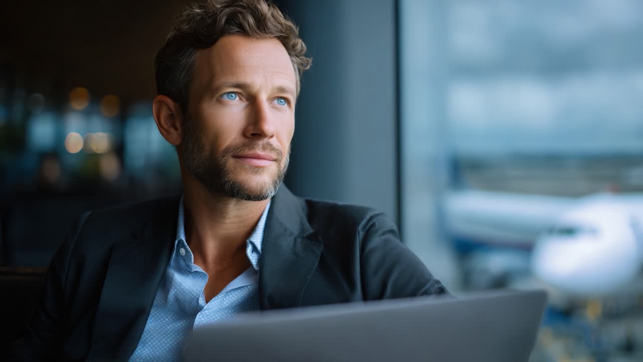 Thoughtful businessman working on a laptop by the window, contemplating ideas and planning strategies while gazing towards the busy airport landscape outside