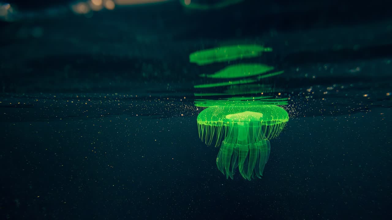 Pulsing green jellyfish contracting bell, rising up to water surface for reflection, with plankton