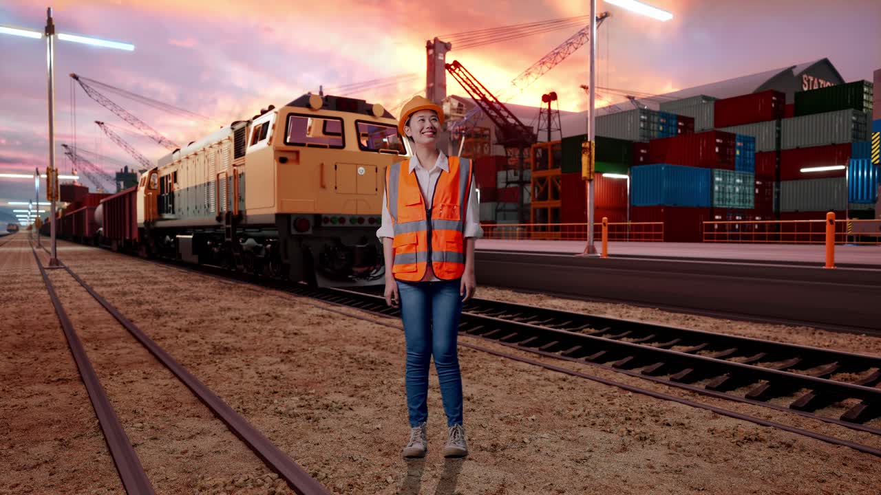 Full Body Of Asian Female Engineer With Safety Helmet Looking Around With Freight Cargo Train At Port