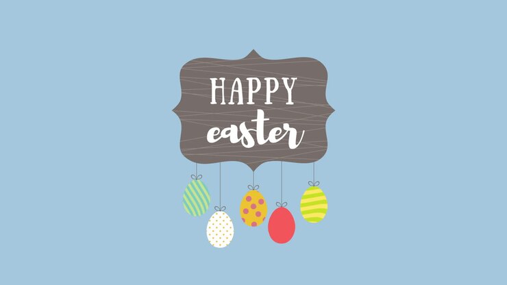 Animated closeup Happy Easter text and eggs on blue background 5