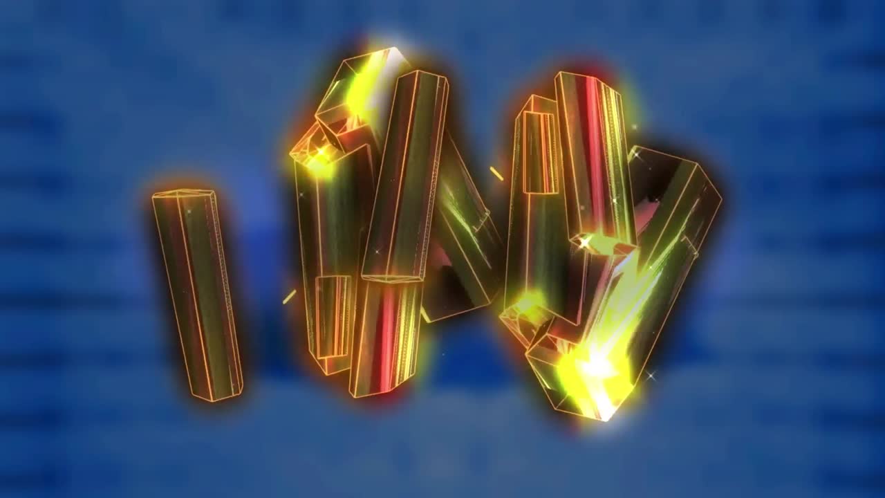 디지털 스크린 위에서 회전하는 반 ⁇ 이는 금속 블록의 애니메이션