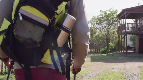 senior african american man hiking with trekking poles on sunny day, slow motion