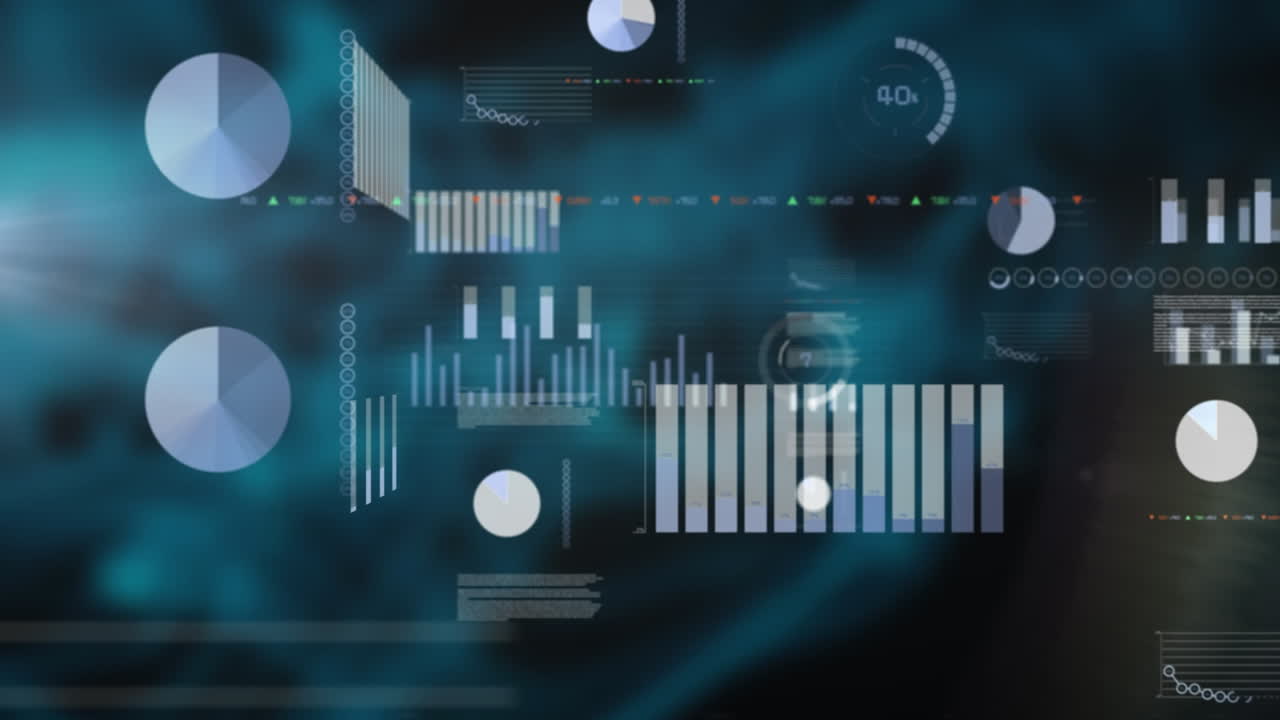 animación del procesamiento de datos estadísticos y bursátiles contra un fondo texturizado de gradiente azul