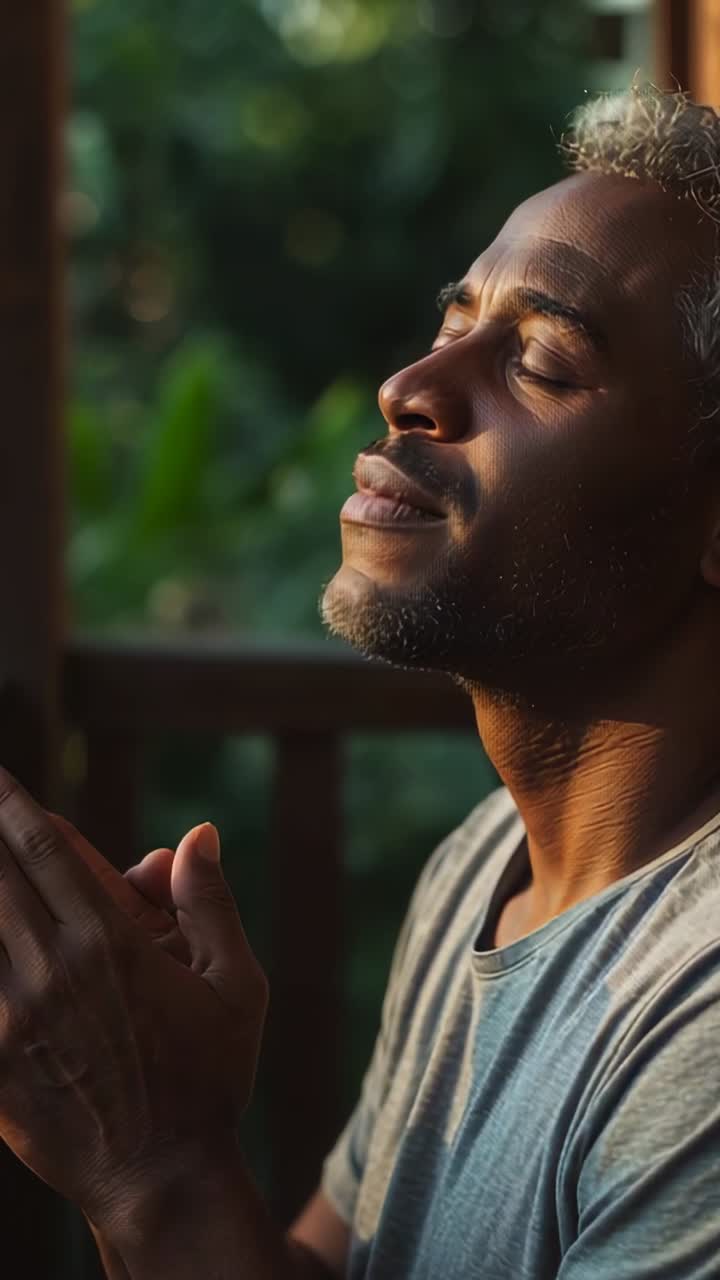 Vertical video: Breathing man in gray tee closing eyes, clasping hands on sunlit porch, copy space