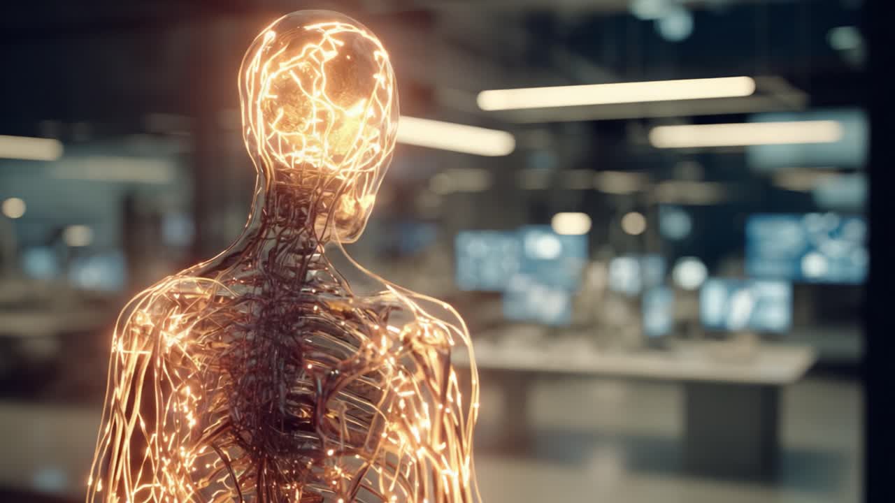 Rappresentazione futuristica di una figura trasparente simile a un umano, che irradia luce dal suo nucleo, circondata da display tecnologici avanzati in un ambiente di lavoro moderno