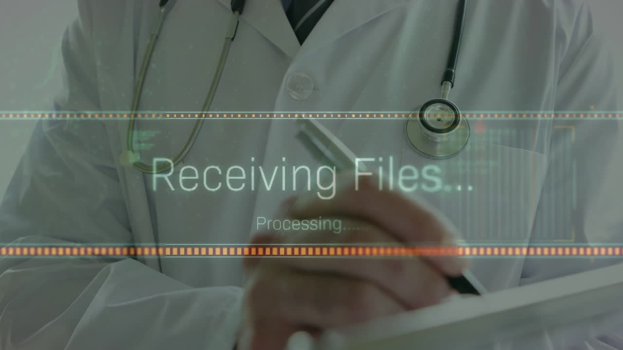 Doctor writing on clipboard with medical data processing animation in background