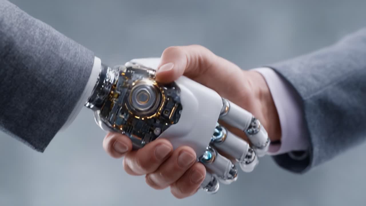A Human Hand Shakes with a Robotic Arm, Symbolizing the Collaboration Between Humans and Advanced Technology in a Futuristic Context