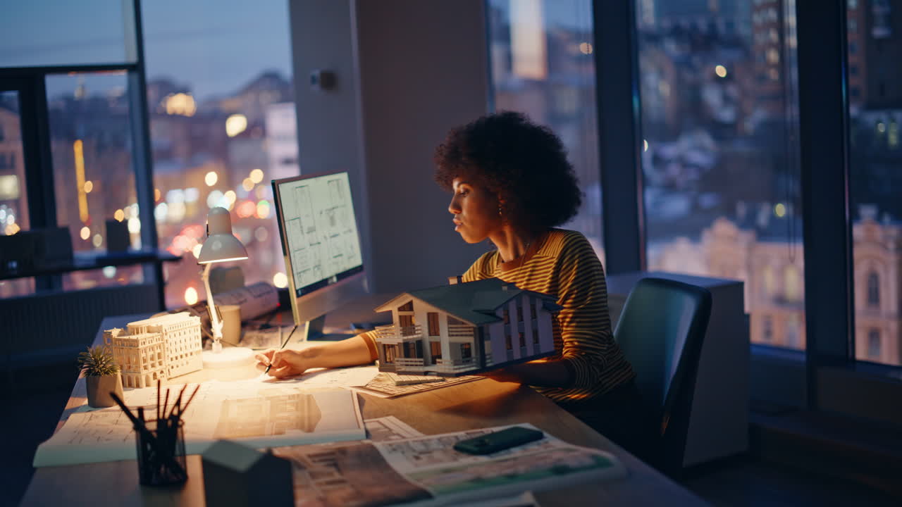 Engineer thinking building layout sitting evening office. Focused woman