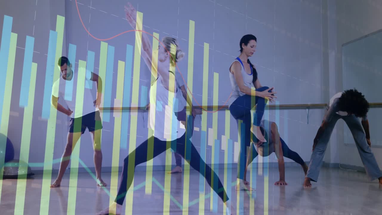 Yoga group stepping into lunges after instructor cue for health tracking with animated bar-chart