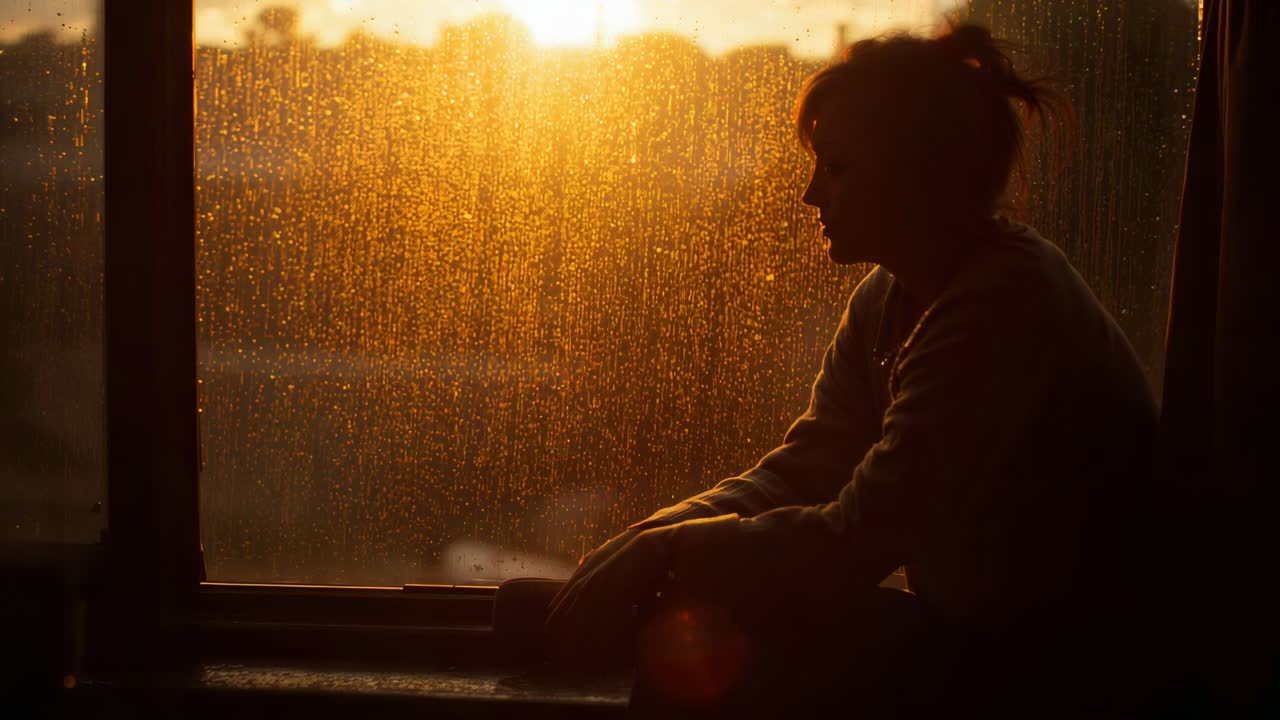 Warm light rising, woman in sweater sitting on sill shifting, gazing through wet pane, copy space