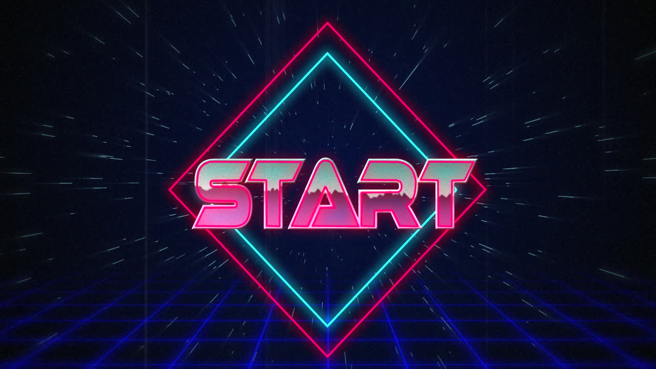 Retro Start text glitching over blue and red squares on white hyperspace effect