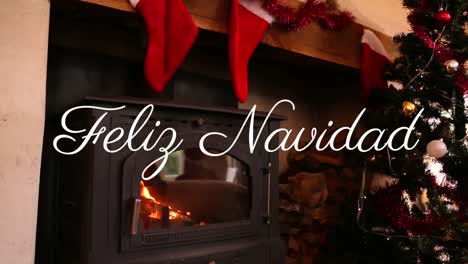 feliz navidad written over fireplace at christmas time