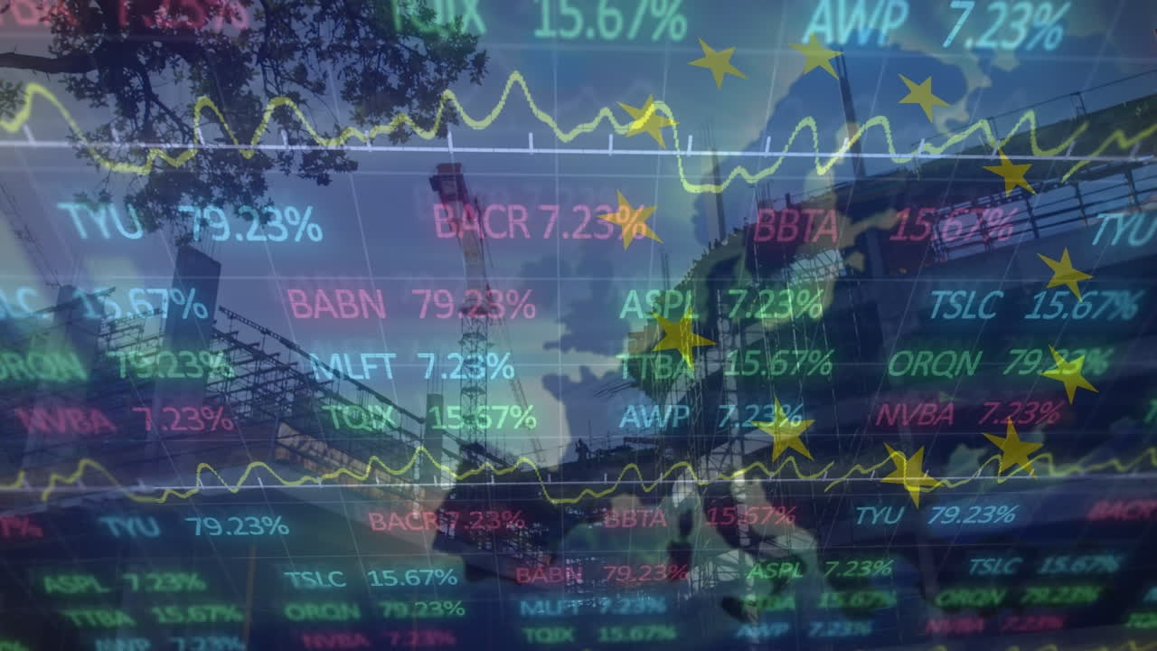 Animace finančních dat a grafů nad staveništěm