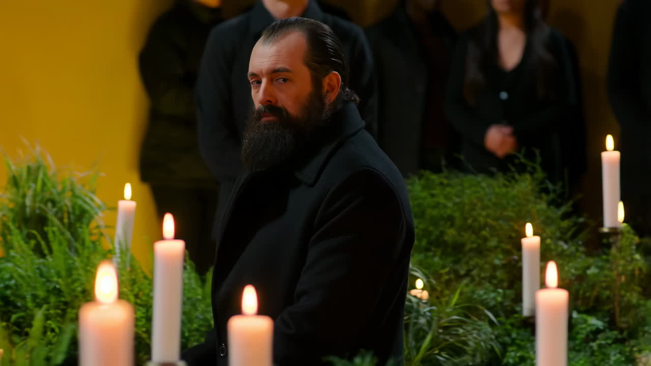 Man with beard at a solemn candlelit ceremony