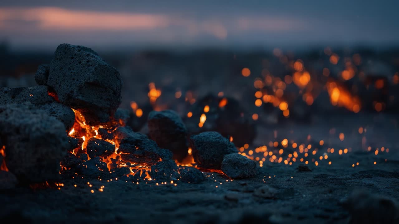 Et fængslende skue af udbrudt lava og gnister, der oplyser det mørke landskab i skumringen, og fremviser naturens glødende essens og rå kraft.