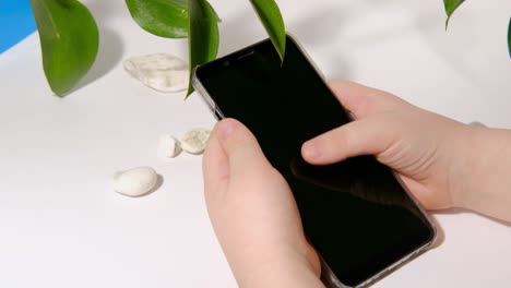 kids hands with a smartphone on a white background with plants. digital devices. social networks, online communication, shopping, lifestyle. online shopping or education.