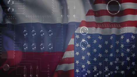 animation of circuit board and data processing over flag of russia and united states of america