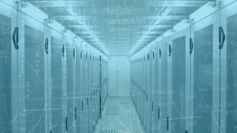 animation of mathematical formulae over tech room with computer servers