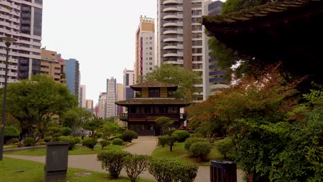 a traditional chinese house amidst an exuberant city, surrounded by lots of trees in a calm and quiet environment, creating a perfect place to relax