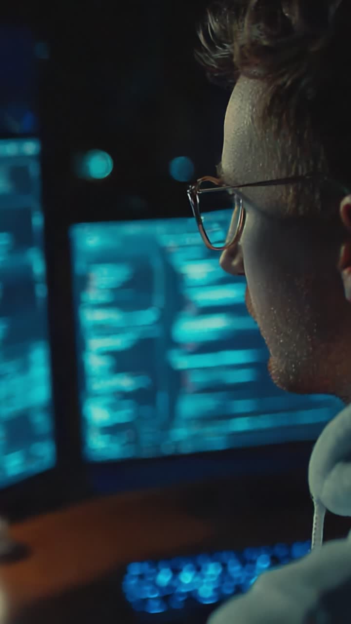 Focused Programmer Analyzing Code on Dual Monitors at Night, Illuminated by the Glare of Computer Screens and Reflecting the Intensity of Software Development in a Dark Room