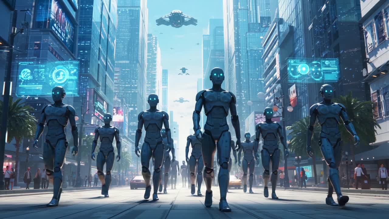 A Futuristic City Scene: An Army of Autonomous Robots Marching Through a High-Tech Urban Landscape, Showcasing Advanced Technology and Robotics in a Vibrant Metropolis