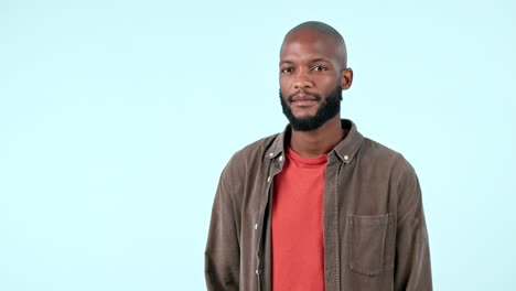 pointing, refuse or face of black man in studio