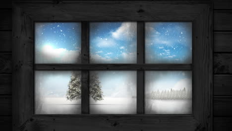 animation of window view of christmas tree and winter landscape