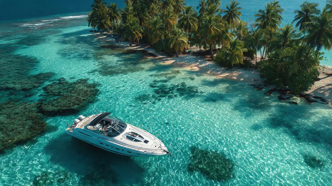 Splendida vista aerea di un lussuoso yacht ancorato in acque tropicali cristalline, circondato da rigogliose palme e da un sereno paradiso insulare