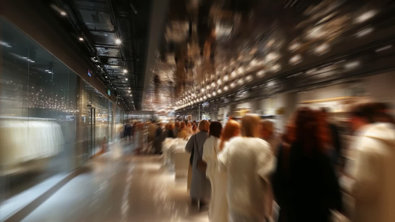 A Lively Scene in a Modern Retail Space Filled with Shoppers, Showcasing a Vibrant Atmosphere and Stylish Merchandise Under Bright Lights and Reflections from the Glass Displays